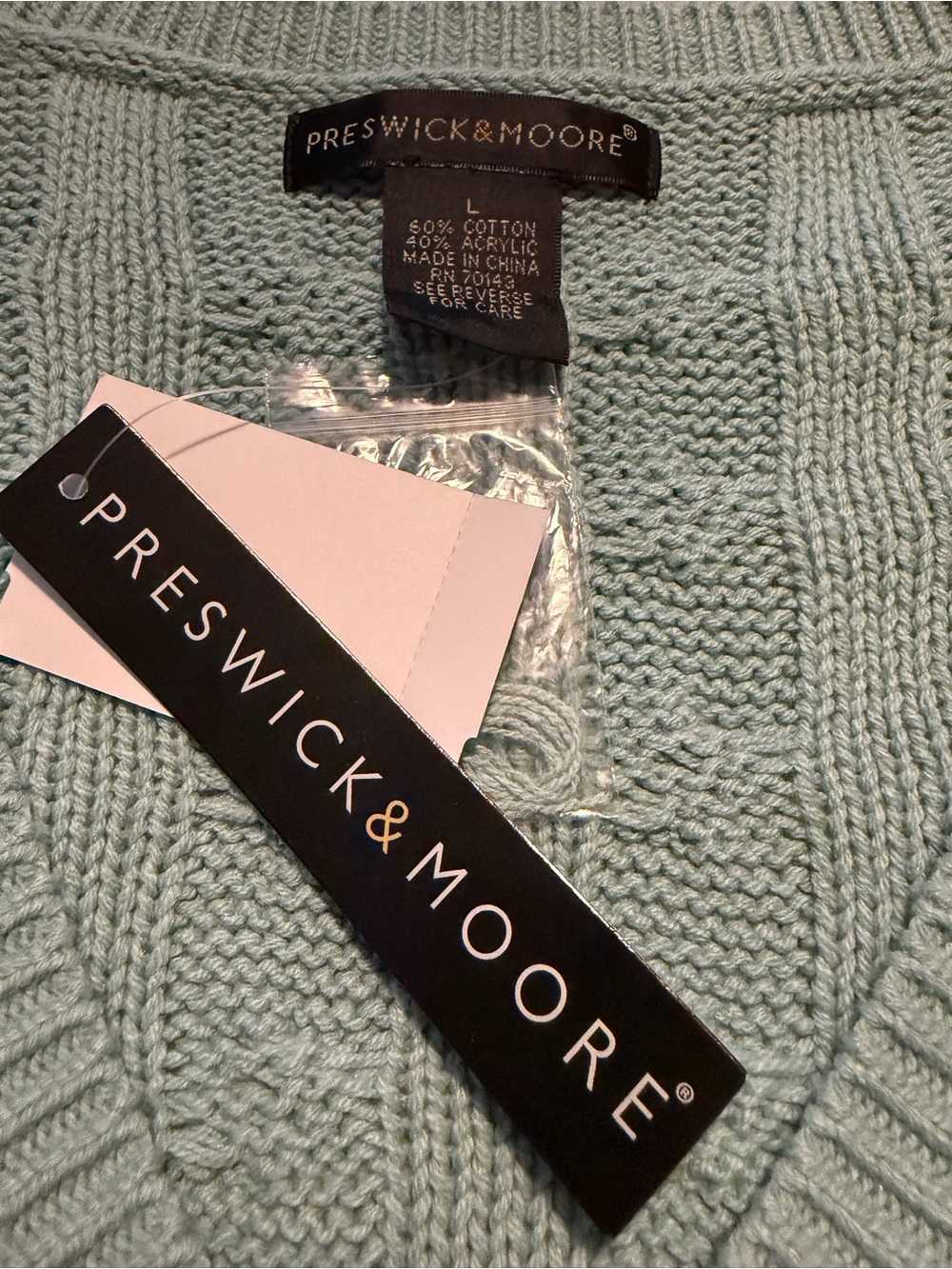 NWT Preswick & Moore L Aquifer Green Cable Knit V-Neck Sweater L - Picture 6 of 8